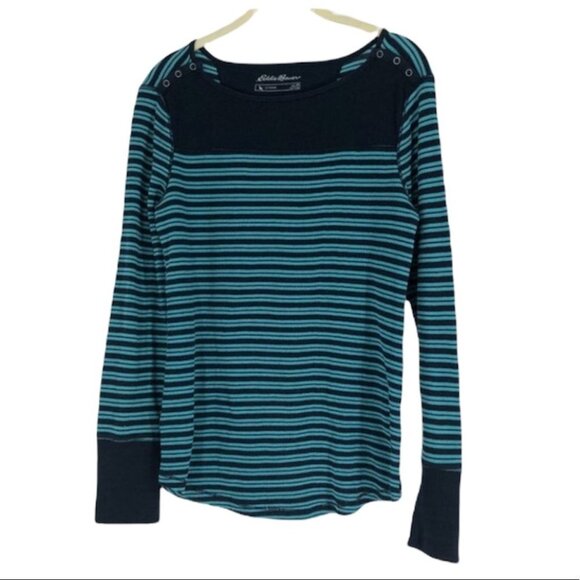 Eddie  Bauer navy and teal blue striped button shoulder sailor king sleeve M - Picture 1 of 12